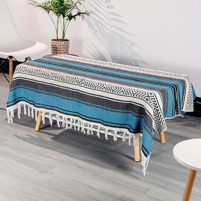 Airooglee 69" L x 51" W Large Mexican Blanket - Perfect for Yoga, Outdoor, Beach, Serape, Picnic, Camping - Woven Boho Home Decor - Blue