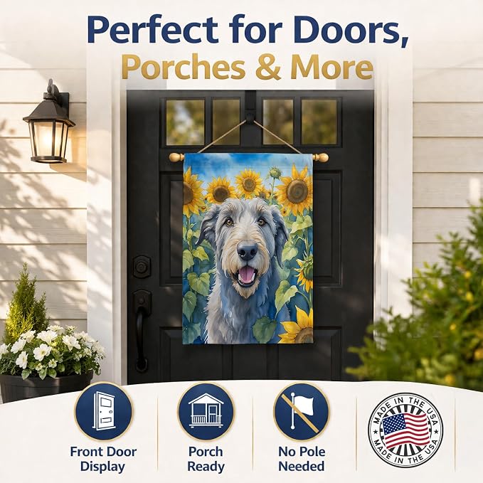 Caroline's Treasures DAC6100CHF Irish Wolfhound in Sunflowers House Flag Large Porch Sleeve Pole Decorative Outside Yard Banner Artwork Wall Hanging, Polyester, House Size, Multicolor