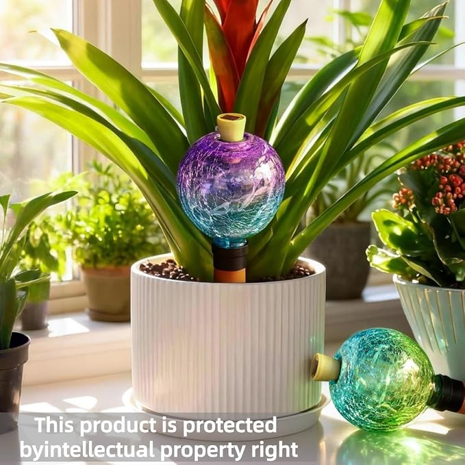 VOREEN Crackle Glass Plant Watering Globe with Terracotta Spike,Self-Watering Irrigation for Potted Plants, with Solar Accent Light for Indoor & Outdoor Décor, 17oz, Purple–Blue Gradient