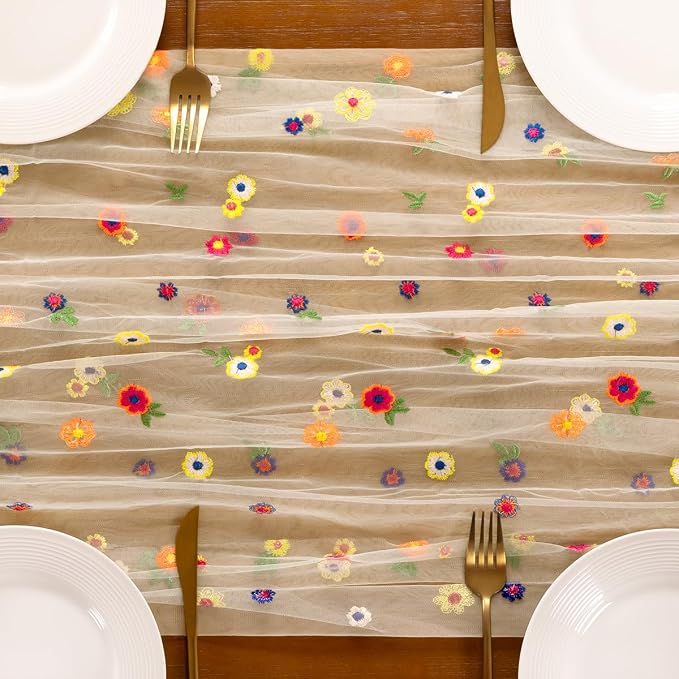 Socomi Flower Table Runner Summer Daisy Floral Tulle Gauze Cheesecloth Embroidery Table Runners for Tea Party Garden Wedding Bridal Baby Shower Birthday Picnic Decor Beige 1pc