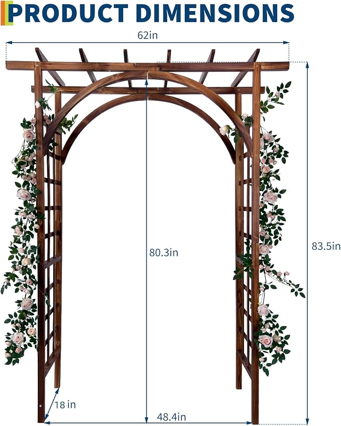 Garvee 85 in Wooden Garden Arbor,Solid Fir Wood Trellis for Plant Climbing,Wedding Ceremony Decoration Pergola for Garden Backyard,Lawn, Carbonized Wood