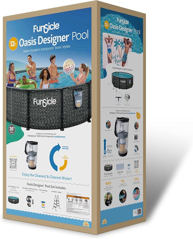 Funsicle Oasis Designer 12' x 36" Round Above Ground Swimming Pool, Includes FiltraBoost 800 GPH Filter Pump with AutoSkimmer, Type D Filter Cartridge & Repair Patch, Dark Herringbone