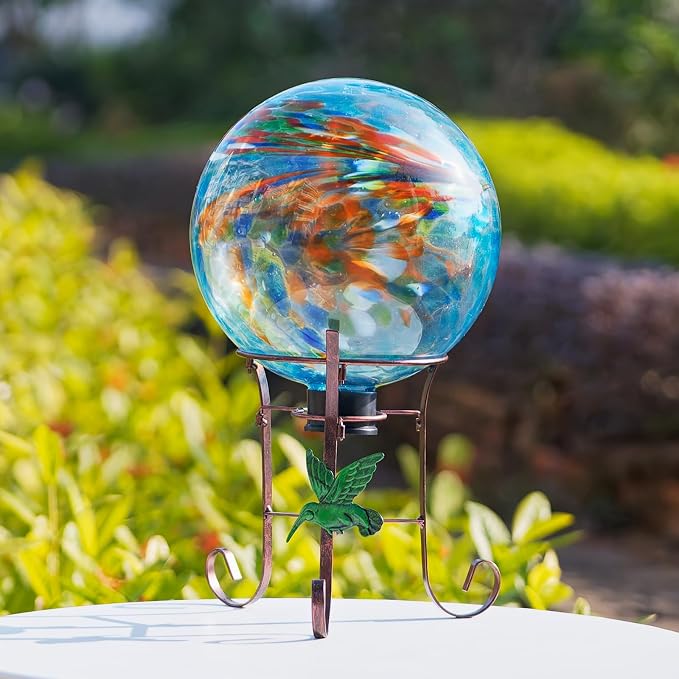 10 Inch Glass Gazing Ball with 9.4" H Metal Stand | Glass Gazing Globe Display Holder Set for Outdoor Garden Lawn Yard Decoration, Blue Artistic