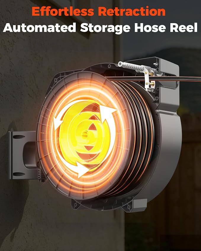 130FT Retractable Garden Hose Reel 1/2 Inch with Metal Bracket & 9-Pattern Nozzle, Automatic Slow Return & Any Length Lock, Wall Mounted Heavy Duty Hose Reels for Outside, 180° Swivel UV Resistant