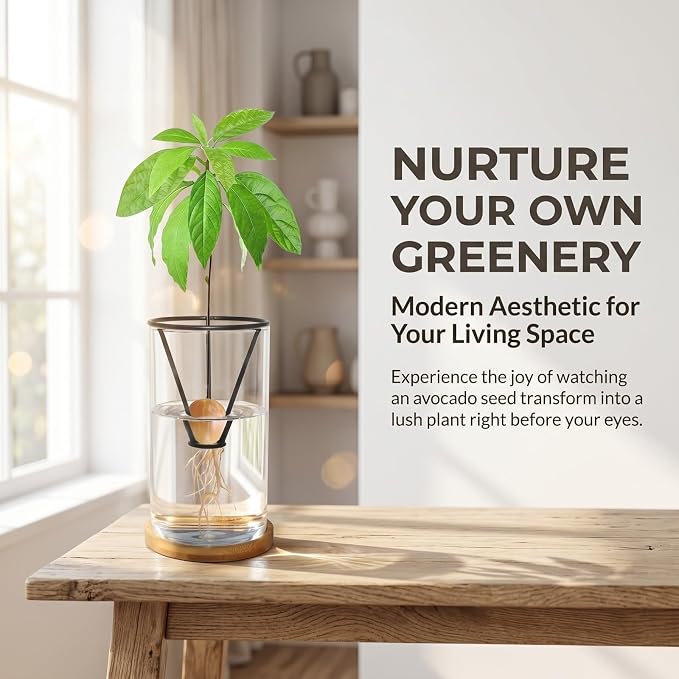 Avocado Tree Growing Kit with Bottle Brush Avocado Figurine, Bamboo Base, Avocado Seed Starter Vase Glass Plant Pot Easy Seed Sprout Starter Gift for Gardening Lovers Home Office Table Decoration