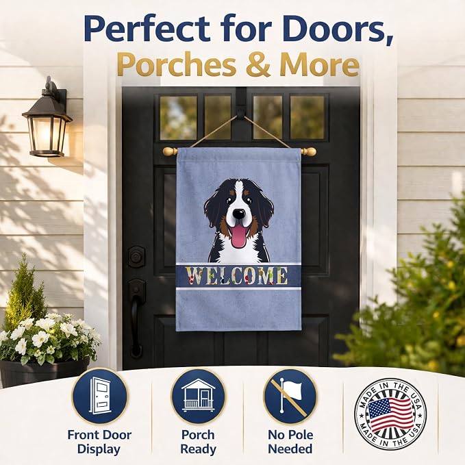 Caroline's Treasures BB1423CHF Bernese Mountain Dog Welcome House Flag, Blue Large Porch Sleeve Pole Decorative Outside Yard Banner Artwork Wall Hanging, Polyester, House Size, Multicolor