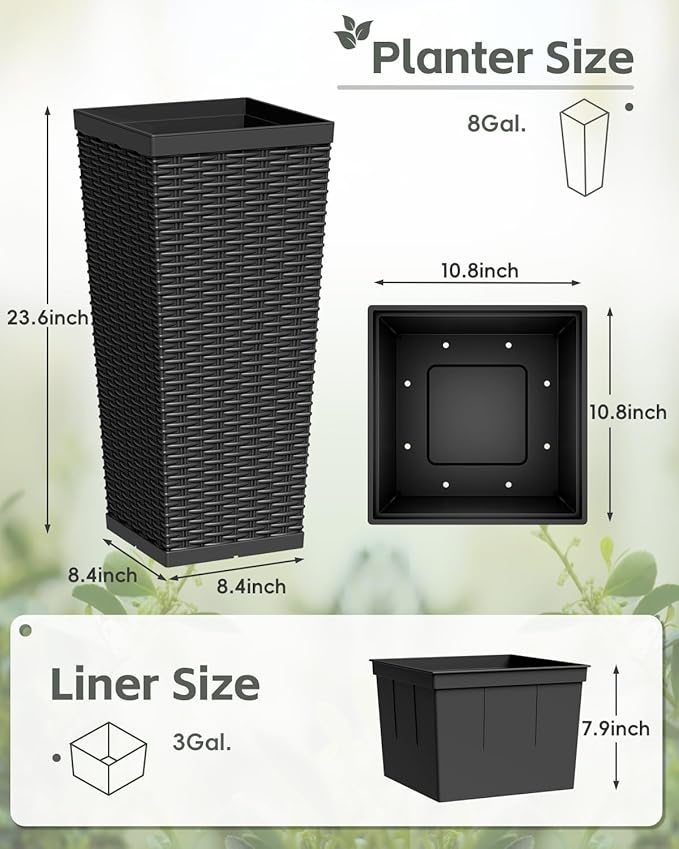 Greesum 23 Inch Tall Plastic Planters (Set of 2), Large Outdoor Flower Pots with Detachable Inner Pot & Drainage Holes for Plants, Trees, Patio, and Garden, Black
