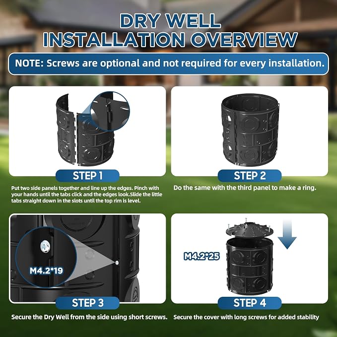 50 Gallon Stormwater Dry Well for Yard Drainage, Underground Stormwater Detention & Infiltration System, Modular Open-Bottom Dry Well Kit with 3 Side Panels, 1 Cover for Rainwater Collection, 1PC