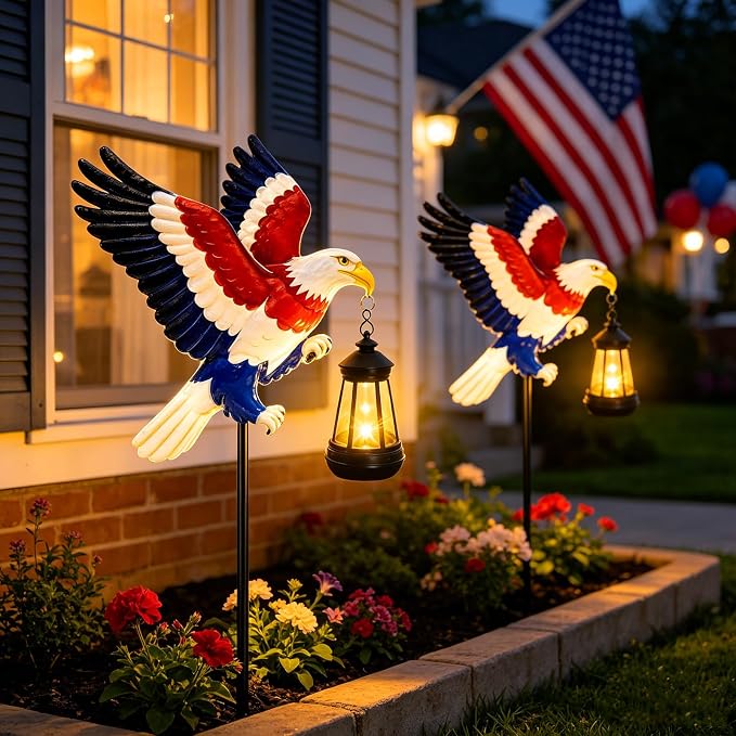 4th of July Decorations 250th anniversary 2 Pack Bald Eagle Solar Garden Lights Outdoor Waterproof, Gifts for Family and Friends, Stake Lights with Solar Lanterns, Yard Art Outside Patio Garden Decor