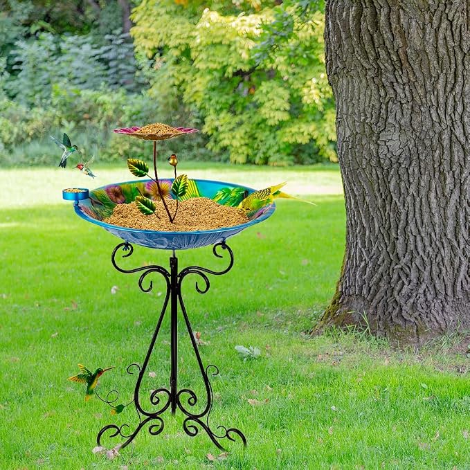 DREAMSOUL 20" Dia Bird Bath Stand Metal Birdbath with Folding Bracket, 2 in 1 Hummingbird Deep Bird Bath for Outside