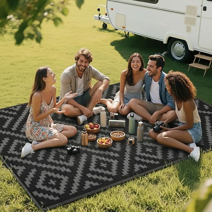RURALITY Outdoor Rugs 9x12 Feet for Patios Clearance,Plastic Straw Waterproof Mats for RV,Backyard,Porch,Deck,Balcony,Black&Deep Grey
