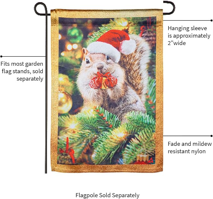 Evergreen Flag Santa Squirrel Lustre Garden Flag | Christmas Garden Flag for Outside 12x18 Double Sided | Weather and Fade Resistant | Outdoor Flag For Yards and Gardens