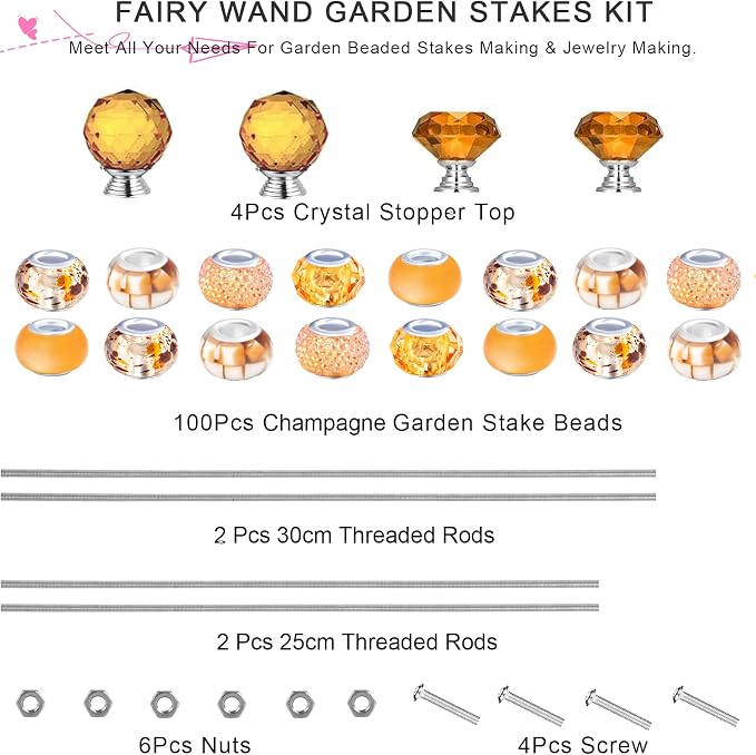 119 Pcs Garden Stake Diy Fairy Wand Plant Stake with Champagne Large Hole Beads Crystal Diamond Stopper Top 4 Stainless Steel Threaded Rod Beaded Garden Stakes For Outdoor Indoor Yard Patio Decoration