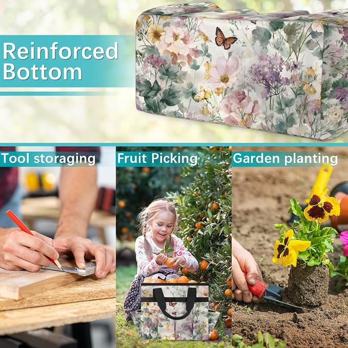 Garden Tote Bag with 10 Pockets Butterfly Heavy Duty Gardening Bags for Tools Organizer Storage Bag with Handle for Garden Lawn Yard Casual