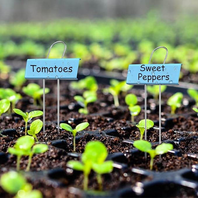 30-Pack Rust-Proof Metal Plant Labels with Galvanized Stakes, Height 10.6" Label Area 3.5"x1.2", Waterproof Weatherproof Garden Markers, Reusable Tags with 2 Pens (Blue)