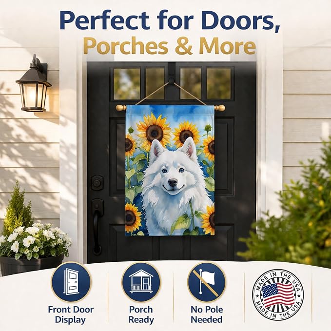 Caroline's Treasures DAC6008CHF American Eskimo in Sunflowers House Flag Large Porch Sleeve Pole Decorative Outside Yard Banner Artwork Wall Hanging, Polyester, House Size, Multicolor