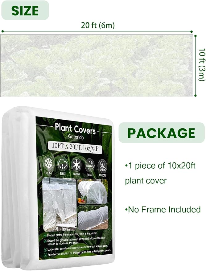 Plant Covers Freeze Protection, 10 ft x 20 ft 1.0 oz/yd² Reusable Frost Protection Floating Row Cover, Frost Blankets for Plants, Frost Cloth for Cold Weather Snow, Winter Frost Pests Protection