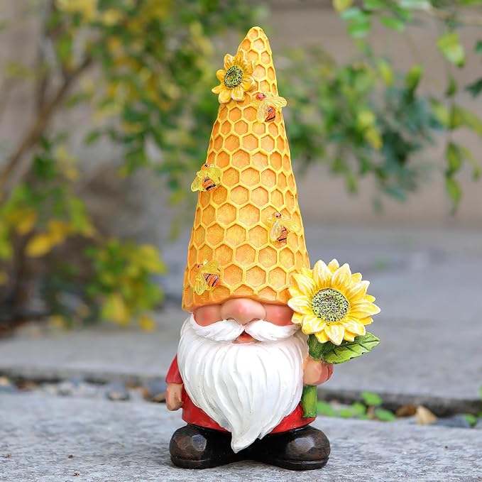12.3'' Sunflower Garden Gnomes Statue with Solar Bee Lights | Fall Decorations ,Outside Decor, Yard Art Lawn Ornaments, Porch Patio Balcony Home House, Gifts for Mom Grandma Women