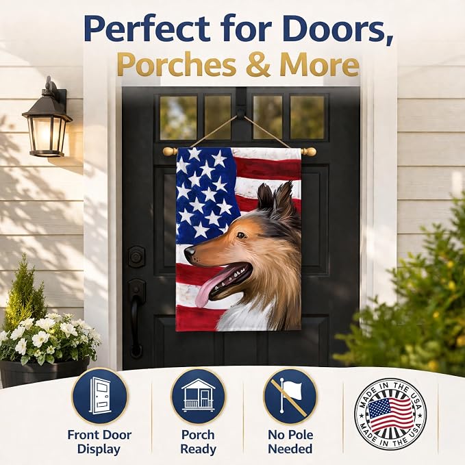 Caroline's Treasures CK6493CHF Collie Smooth Dog American Flag House Flag Large Porch Sleeve Pole Decorative Outside Yard Banner Artwork Wall Hanging, Polyester, House Size, Multicolor