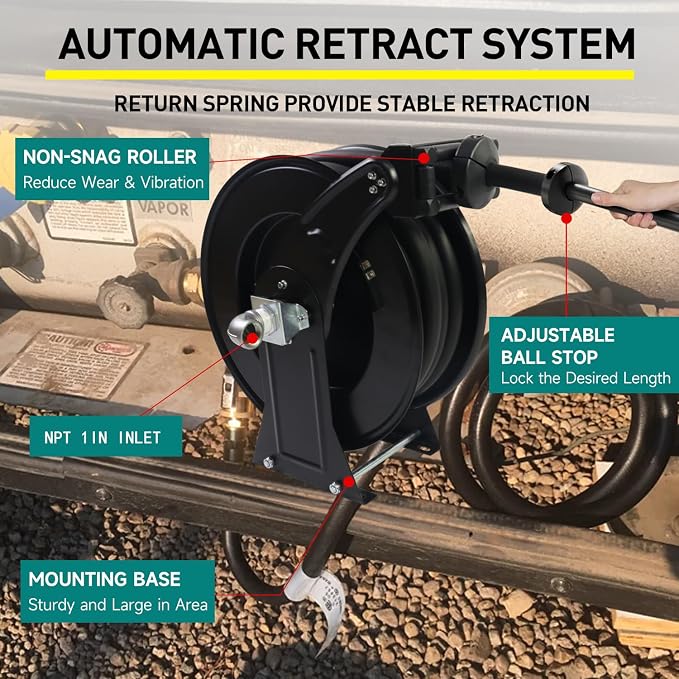 Fuel Hose Reel Retractable 3/4''X33ft w/Fuel Nozzle,Fuel Hose Swivel,Diesel Reel, Auto Spring Driven Hose Reel,300 PSI Industrial,Steel Construction Reel, NBR Rubber Hose