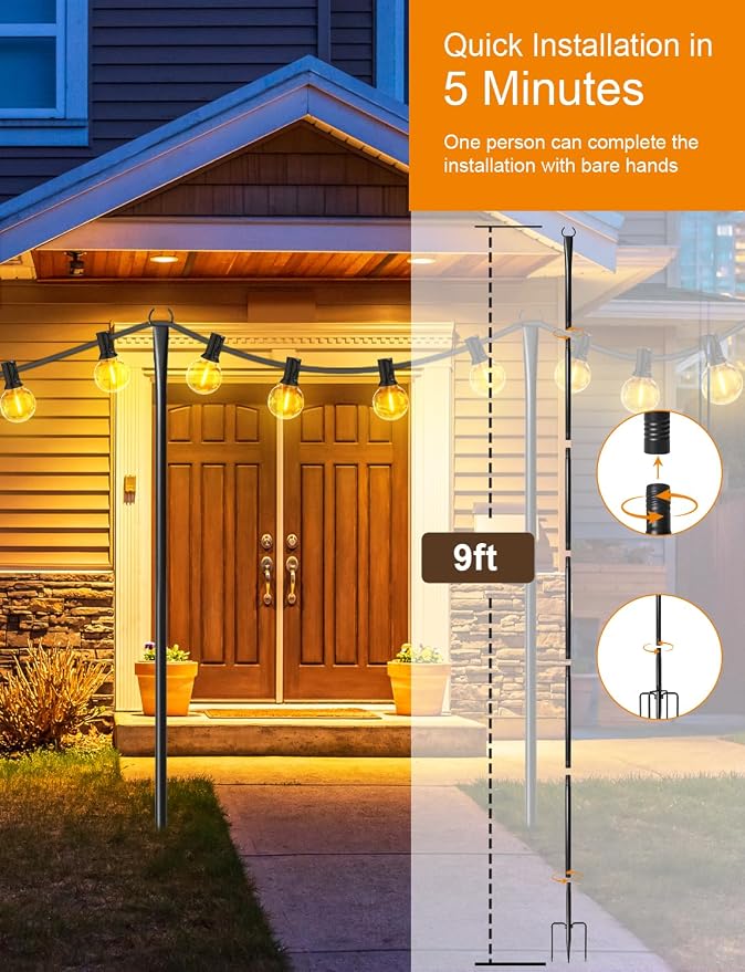 2 Pack String Light Poles for Outside, Thickened Metal Lights Hanger Pole Outdoor with Fork, Lighting Hanging Post Accessories for Patio Decor Garden Backyard Yard Front Porch Outside Decorations
