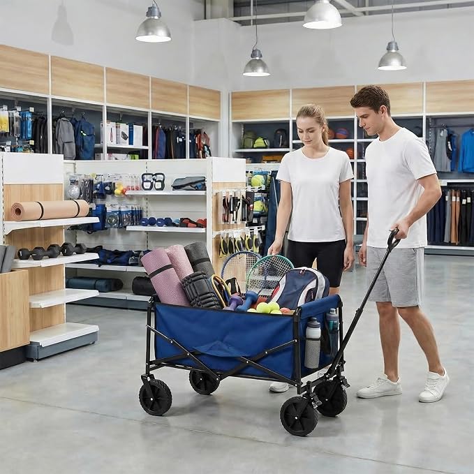 OLIXIS Collapsible Wagon 102L Standard Heavy Duty Utility Folding Wagon Cart with Lockable Brake Wheels – 330 lbs Weight Capacity, Flexible Handle for Beach, Grocery, Camping, Sports & Garden, Blue