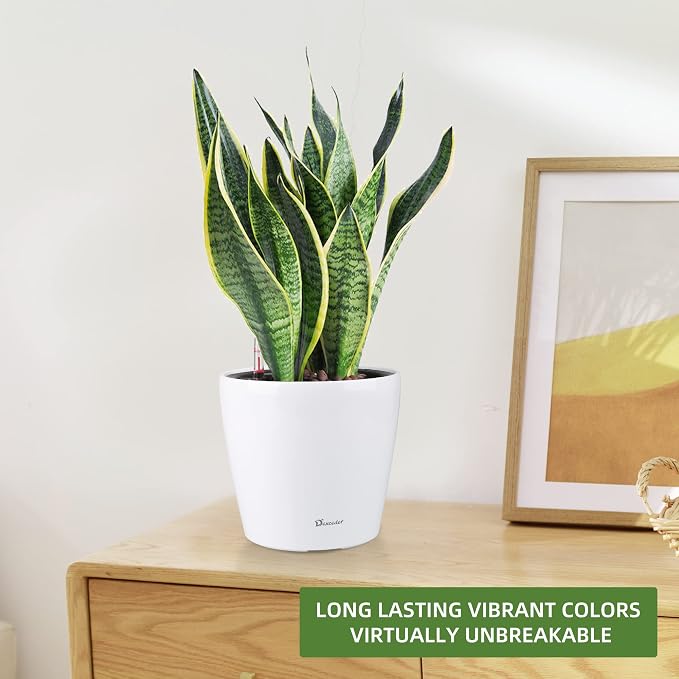 Dexceder 9x8 Self Watering Planter (White High Gloss) | Inner Pot Design, Thickened Table Flower Plant Pot with Water Level Indicator Indoor Outdoor