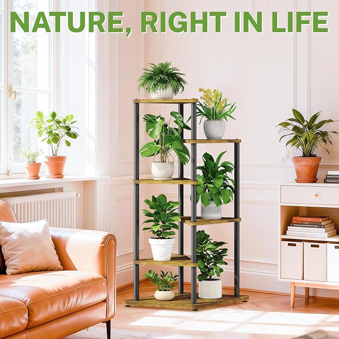 iDavosic.ly Tall Plant Stand Indoor for Large & Heavy Duty Planters, 5 Tier Corner Flower Shelf with Wooden Trays & Metal Frame, 41 Inch Orchid Rack for Living Room Balcony Porch, Black & Brown