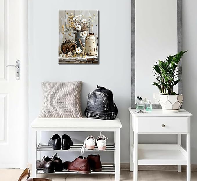 Farmhouse Rustic Flower Bathroom Canvas Wall Art White Jasmine and Rust Color Watering Can Wall Decor Picture Vintage Daisy Floral Posters Print for Bathroom Toilet Washroom Lavatory Home Decoration