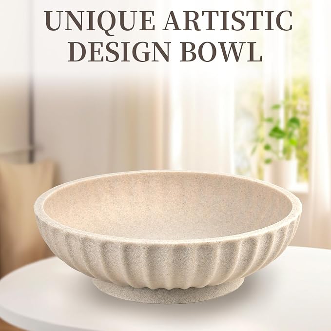 Deobath Large Decorative Bowl - Fruit Bowl for Kitchen Counter - Modern Decorative Bowl for Home Decor,Key Bowl for Entryway Table - Artificial Stone Beige