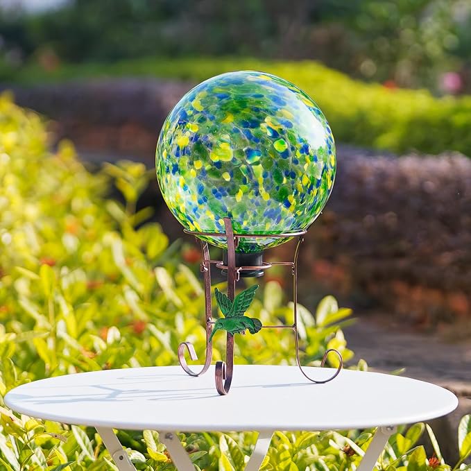 10 Inch Glass Gazing Ball with 9.4" H Metal Stand | Glass Gazing Globe Display Holder Set for Outdoor Garden Lawn Yard Decoration, Bright Summer Burst