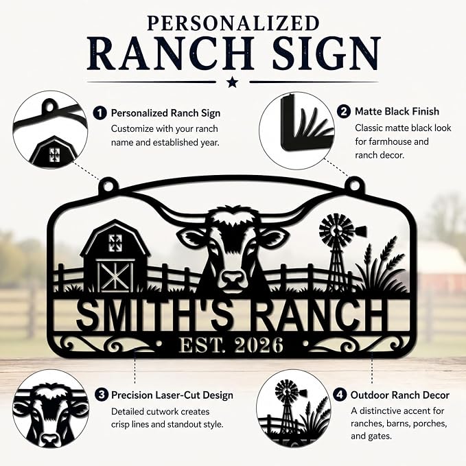 Personalized Ranch Metal Sign, Custom Farm Name Sign with Cattle Design, Rustic Farmhouse Wall Decor for Barn, Porch, Entryway, Ranch Gate, Housewarming Gift