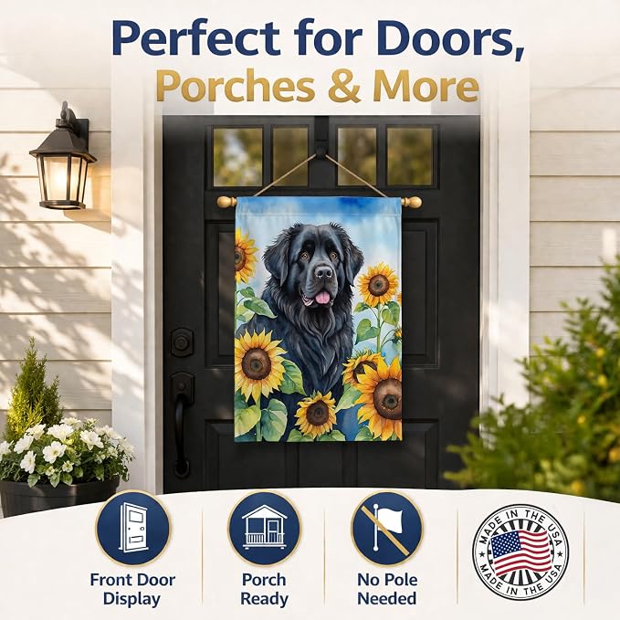 Caroline's Treasures DAC6123CHF Newfoundland in Sunflowers House Flag Large Porch Sleeve Pole Decorative Outside Yard Banner Artwork Wall Hanging, Polyester, House Size, Multicolor