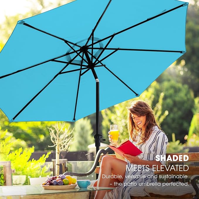 wikiwiki 10FT Patio Umbrella with Base, Outdoor Umbrellas with Base Included, 8 Sturdy Ribs, Waterproof Fade Resistant POLYESTER DTY Canopy for Deck, Lawn, Garden, Backyard & Pool, Sky Blue