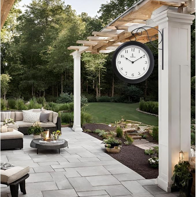 Metal Double Sided Wall Clock 10" - Decorative Indoor Outdoor Double Sided Clock - Easy to Read, Hanging Train Station Style for Patio, Garden, Office & More - Antique Style Outside Corner Wall Decor