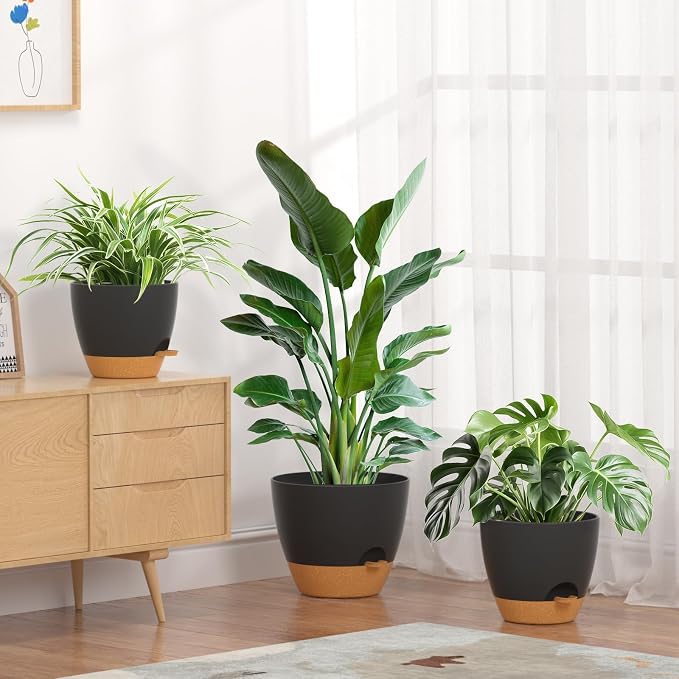 12/10/9/8/6 Inch Self Watering Pots for Indoor Outdoor Plants, Set of 5 Large Plastic Planters with Visual Water Window, Drainage Holes & Watering Lip, Modern Decorative Flower Pots (Black)