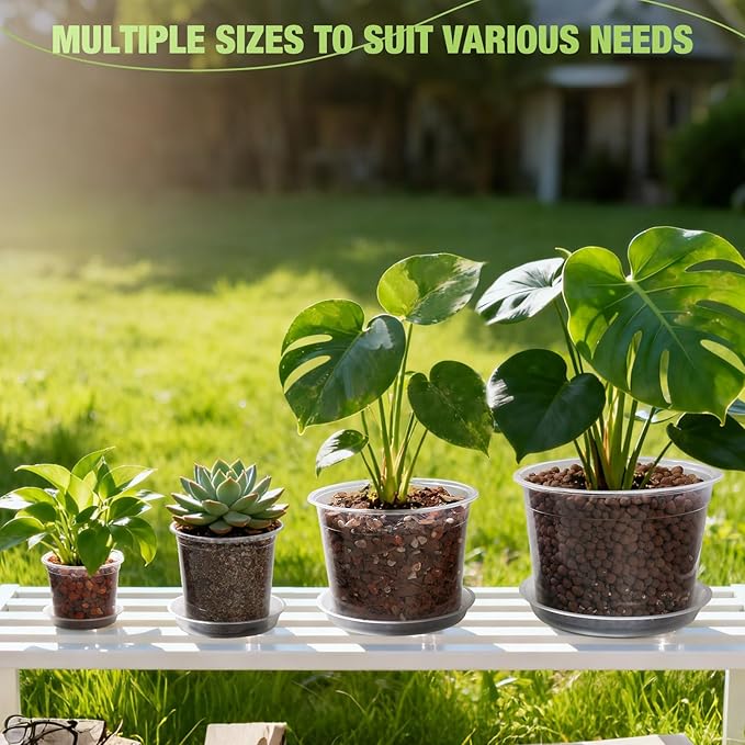 10 Inch Clear Nursery Pots with Drainage Holes and Saucers, 5 Pack Large Clear Pots for Plants Variety Pack, Seedling Pots for Succulents, Herbs, Flowers, Vegetables