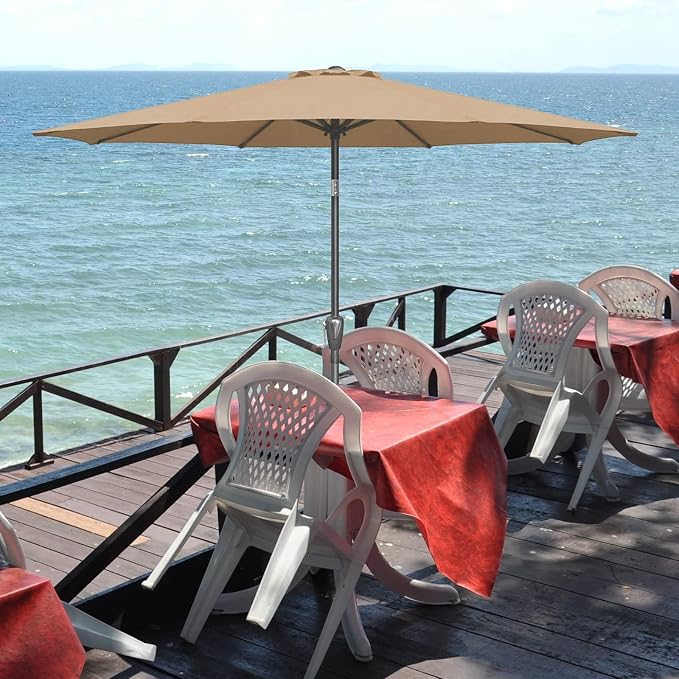 Simple Deluxe 9FT Outdoor Patio Umbrella Table Market Umbrella with Push Button Tilt and Crank, 8 Sturdy Ribs, UV Protection Waterproof for Garden, Lawn, Deck, Backyard, Pool,Tan