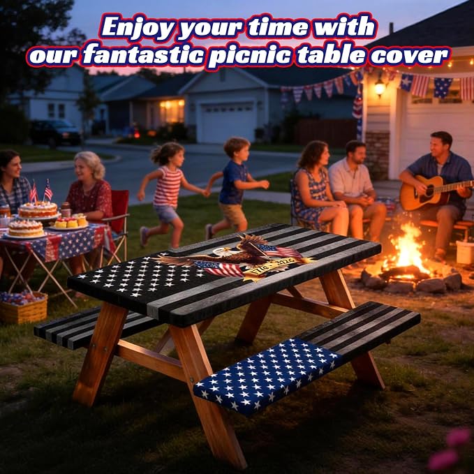 Picnic Table Cover with Bench Covers, 250th Anniversary Eagle Patriotic Decor, Windproof Waterproof Fitted Tablecloth with Elastic, Rectangle for 4th of July, Outdoor Camping Parties, 72x30 Inch