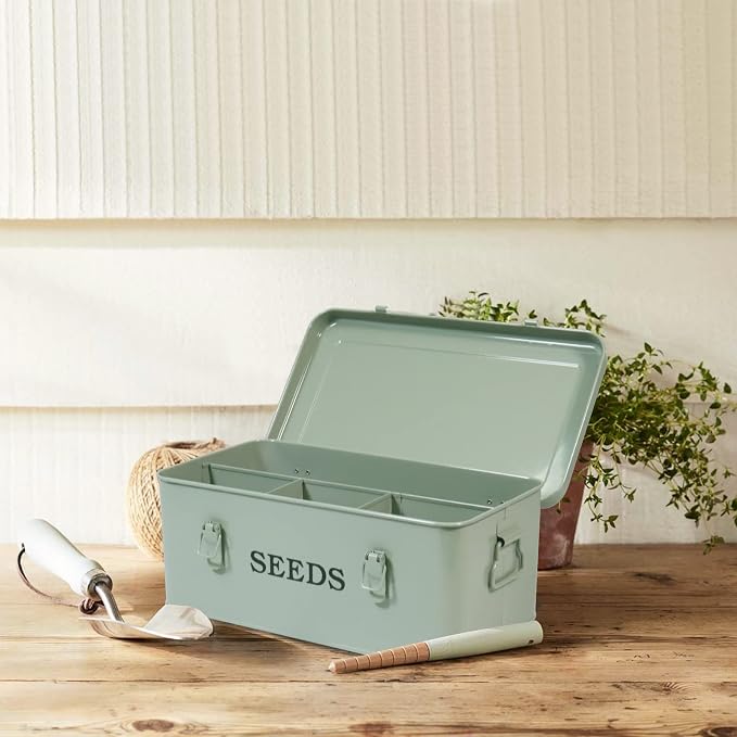 Seed Storage, Metal Seed Box, Seed Storage Organizer Box with Lid & Handle | 4 Compartments Seed Storage Box, Seed Packet Organizer with Safety Locks, Seed Saving Box for Garden Seed Organizer (Green)