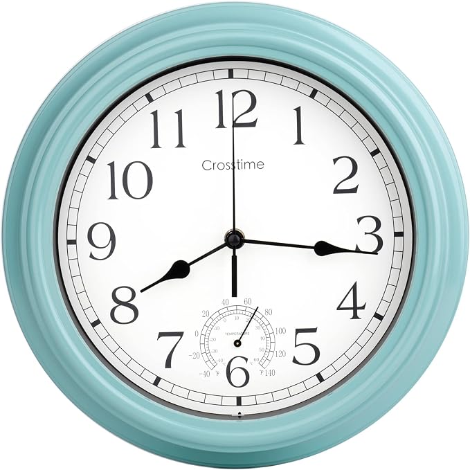 Crosstime 12 Inch Outdoor Clock Waterproof with Thermometer,Vintage Indoor Outdoor Wall Clocks for Patio, Pool, Garden, Backyard, Bathroom Decor - Teal