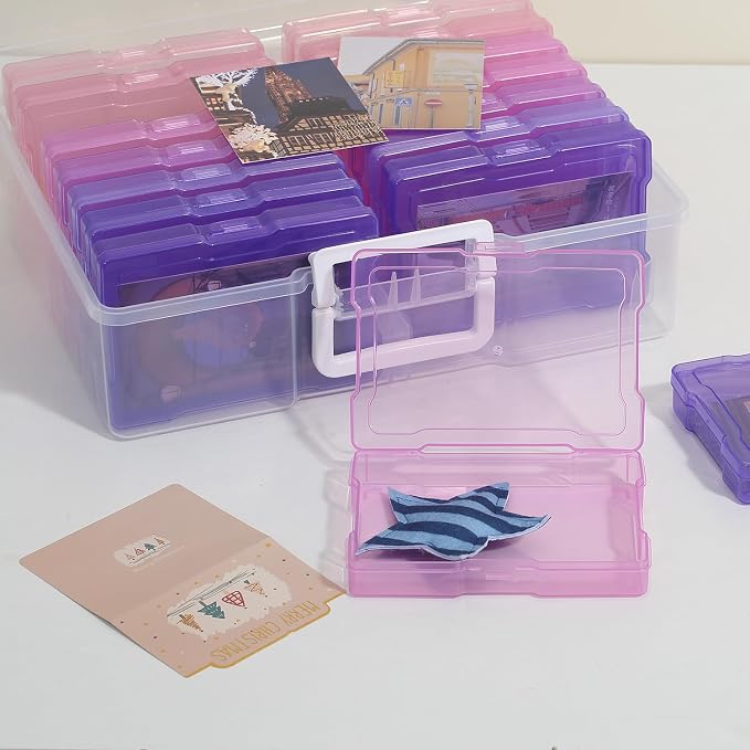 4"x6" Photo Storage Box with Handle Photo Case Craft Keeper Picture Storage Containers 16 Inner Photo Organizer Large Gradient Pink-Purple Series
