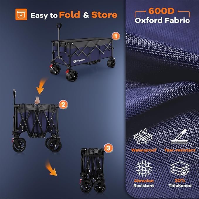 Originsure 48" L Collapsible Wagon Cart Foldable, 560lbs Weight Capacity 300L Heavy Duty Folding Beach Wagons with Big All-Terrain Wheels, Utility Carts for Groceries, Camping, Sports - Grey&Purple