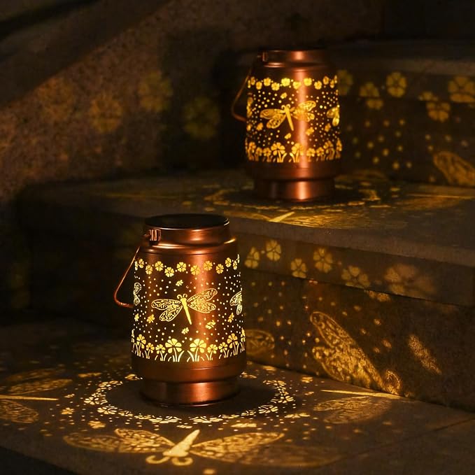 2Pack Solar Lights Dragonfly Solar Lanterns Outdoor Waterproof - Garden Decor Birthday Gifts for Women Mom Grandma Hanging Decoration Outside for Yard, Patio, Backyard, Porch