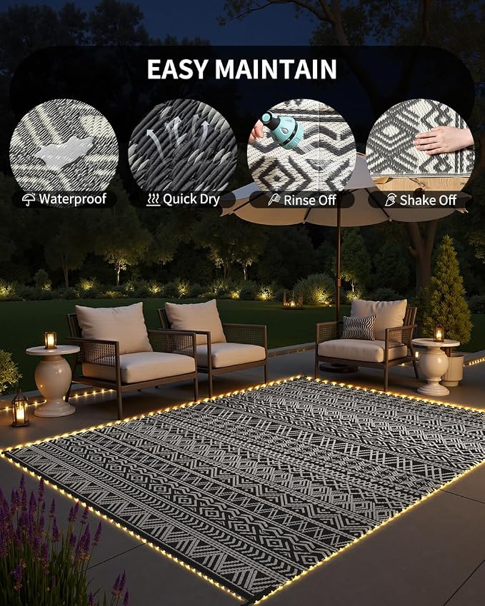 MontVoo-Outdoor Rug Carpet 8x10 ft for Patio RV Camping with Led Strip Lights Waterproof Plastic Straw Rug Reversible Portable Outside Indoor Outdoor Rug Mat for Patio Decor Balcony Picnic-Boho Rug
