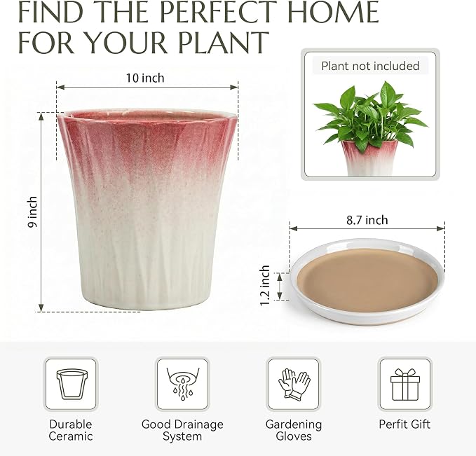 10 Inch Ceramic pots for Plants with Saucer Drainage Leak-Proof Mesh, Round Plant Pot with Gardening Gloves for Indoor Outdoor Plants (Rippled Pink)