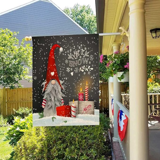 EMMTEEY Gnome Garden Flag Cute Gnome Let It Snow Burlap Garden Flags Large House Flags 28 X 40 Double Sided Winter Flags for Outside Welcome Flag for Winter Christmas Decoration