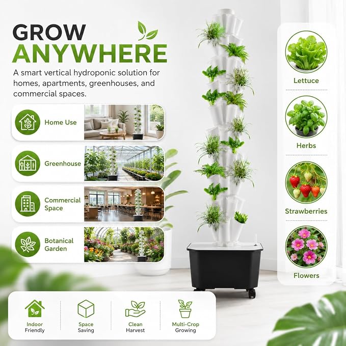 12-Tier 60-Hole Indoor Hydroponic Grow Tower, Vertical Garden System with 6.6Gal Tank & Water Pump, Self-Watering for Herbs, Lettuce, Strawberries, Space Saving Indoor Gardening for Home, Apartment