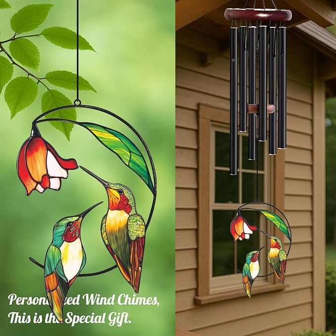 Personalized Metal Wind Chime Garden Sign, 40 Inch Outdoor Colorful Bird & Flower Memorial Decor, Yard Hanging Plaque for Patio Porch Lawn (JSTY364)
