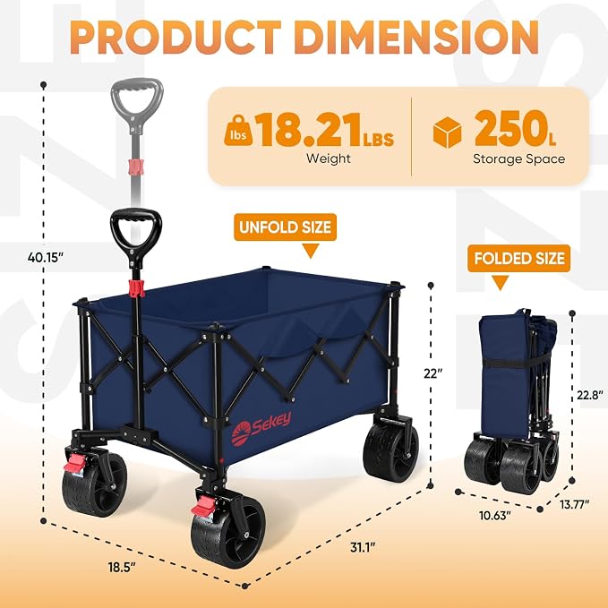 Sekey 250L Wagons Carts Foldable with Big All-Terrian Beach Wheels, Collapsible Heavy Duty Wagon, Extra Large Folding Wagon,Foldable Wagon for Camping, Garden, Sports. Royal Blue
